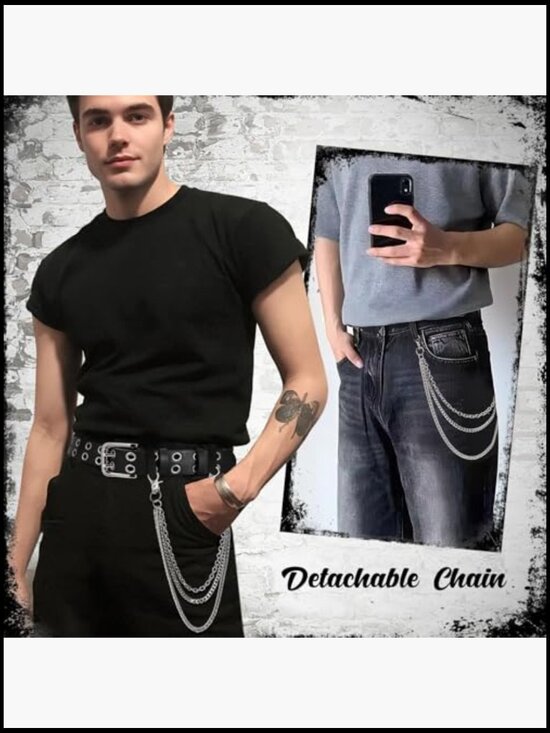Double Grommet Studded Belt with Detachable Chain, Quality Leather